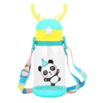 Kids Sipper Water Bottle 600ml with Straw & Shoulder Strap | Leakproof Portable Plastic Bottle for Boys & Girls